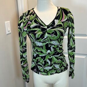 Style & Co Sheer Mesh Floral Print Long Sleeve V Neck Top Women Size S